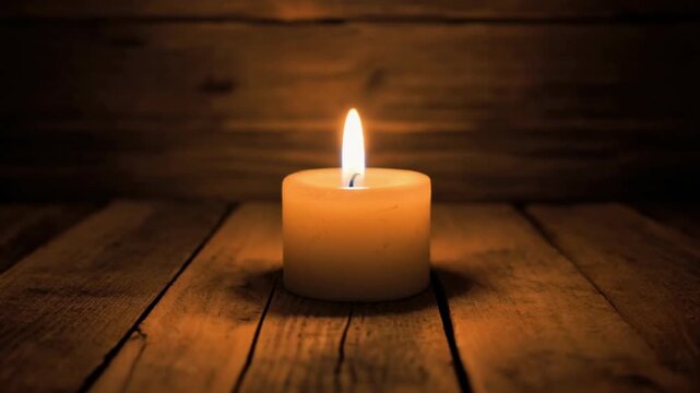 Warm candle flame on wooden surface casting shadows in the darkness