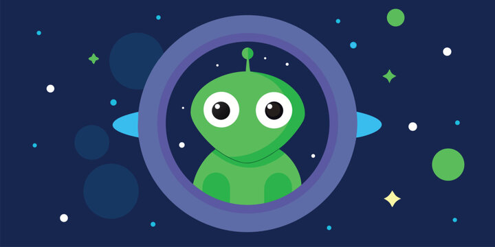 Cute green alien character inside round spaceship window looking out at dark space with stars and planets vector illustration flat design style depicting extraterrestrial explorer in orbit adventure.