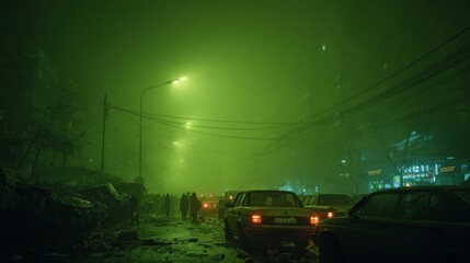 Naklejka premium Toxic Green Smog Engulfs Urban Environment After Industrial Disaster with Abandoned Vehicles and Diminished Visibility