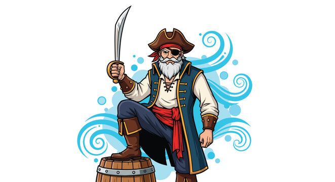 Brave pirate captain with a beard and eyepatch standing triumphantly on a wooden barrel while holding a sharp cutlass sword.