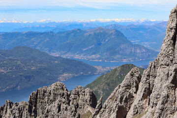 Obraz premium Panoramic aerial view of Lake Como and Alpine mountains from top of Grigna Meridionale in northern Italy