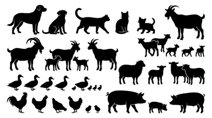 Fototapeta premium Farm Animal Silhouette Set – Dog, Cat, Goat, Sheep, Pig, Duck and Chicken Vector Collection