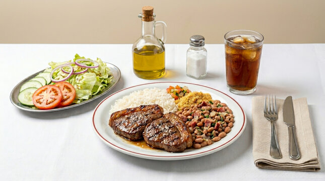 Prato tradicional brasileiro com picanha grelhada, arroz, feij&atilde;o gordo, farofa e salada acompanhado de copo de refrigerante de guaran&aacute; com gelo sobre mesa branca
