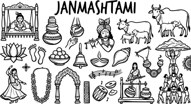 Janmashtami Hindu Festival Line Art Icons - Lord Krishna, Cows, Lotus, Flute, Dhol
