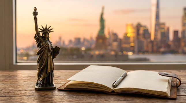 Bronze statue of liberty replica and open notebook with pen on a table, inspiring travel planning, illuminated by warm golden light, new york city skyline backdrop for commercial content.