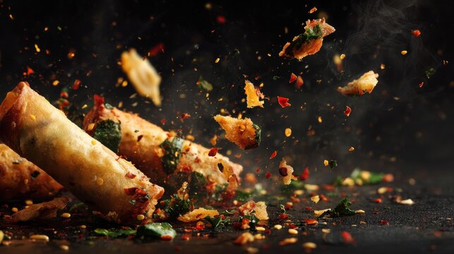 Crispy Spring Rolls Breaking Apart with Flying Vegetables and Spices in a Dynamic Culinary Scene