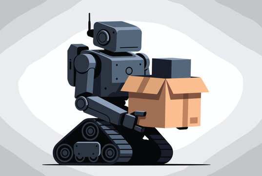 Industrial robot with tank treads holding a cardboard delivery box against a gray and white background for logistics work.