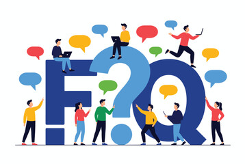 Fototapeta premium Group of people interacting with giant blue letters spelling FAQ surrounded by colorful question and answer speech bubbles.