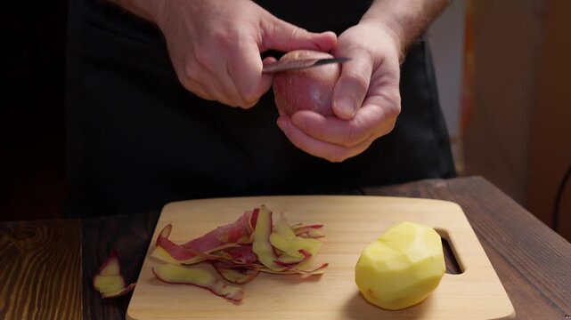 Person Peeling Potatoes with Knife Close-Up Food Preparation in Kitchen
