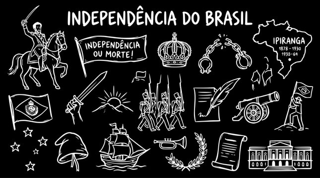 Brazilian Independence Day History Doodle Line Art Icons Set. Collection of Hand Drawn Symbols for Brazil's National Holiday Celebration.