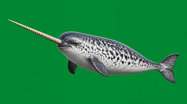 Realistic narwhal whale with spiral tusk isolated on green background for compositing, arctic marine mammal swimming side view