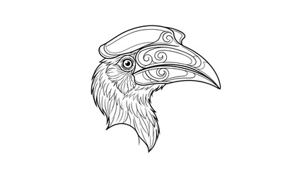 Ornate Hornbill Bird Head Illustration, Tribal Tattoo Design, Wildlife Art © Hape