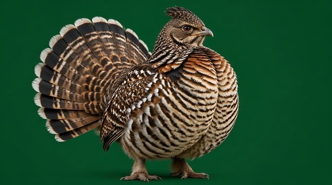 Ruffed Grouse Wild Bird with Patterned Feathers and Fan Tail Posing on Solid Green Background