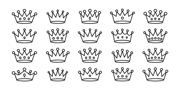 Crown thin line icon set with black silhouette crown symbols and editable stroke vector illustration design