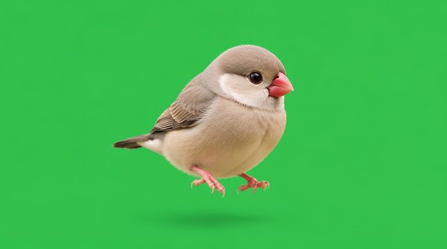 Small Gray Java Finch Bird Jumping in Mid Air with Red Beak on Vibrant Green Background