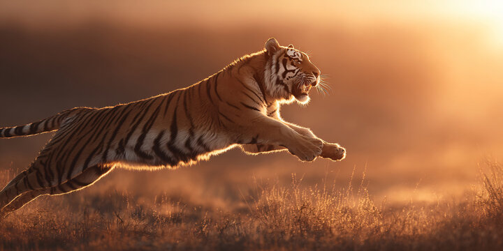 Bengal Tiger Leaping in Air at Sunset