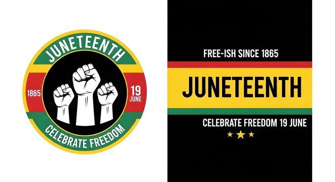 Juneteenth celebration graphic elements with raised fists and panafrican colors