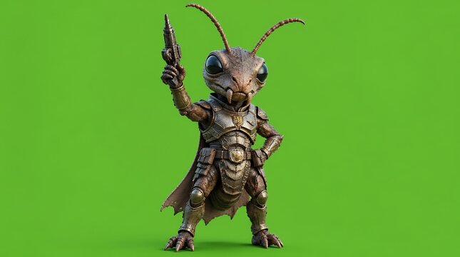 Anthropomorphic Insect Warrior in Sci-Fi Armor Holding Blaster Gun on Green Screen
