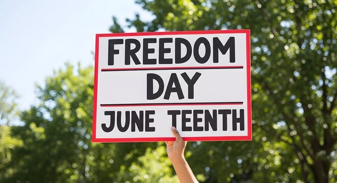 Person holding freedom day juneteenth sign outdoors