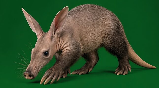 Profile View of an Aardvark with Large Ears and Sharp Claws Standing on a Green Background