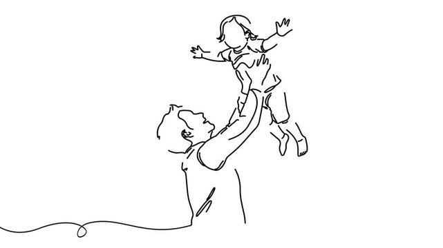 Animation of line drawing of parent lifting a child into the air, representing joy, trust, and emotional closeness.