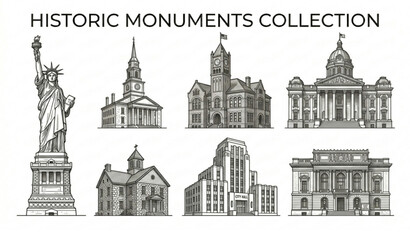 Obraz premium Old style hand drawn sketch of historic US buildings vector illustration