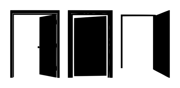 Exit strategy set with simplistic solid black icon on white background featuring door, iconography, symbol with navigation and escape