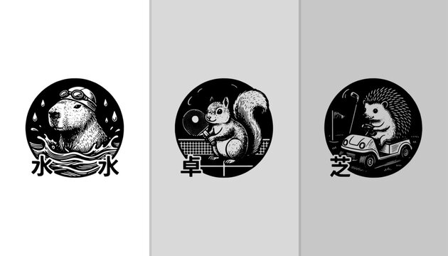 Vintage Hand Drawn Cute Animal Sports Logo Set featuring Capybara Swimming Squirrel Ping Pong and Hedgehog Golfing Icons