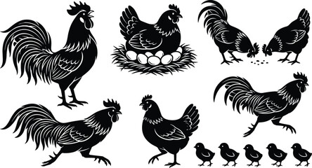 Hand Drawn Chicken and Rooster Silhouette Vector Set Featuring Hens Sitting on Eggs, Farm Birds Foraging, Running Roosters, and Small Chicks For Rural Farm Life Designs © Nurzahan
