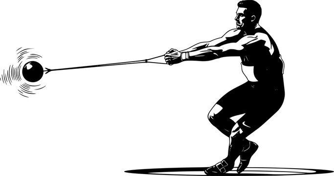 Male athlete silhouette performing hammer throw technique, preparing to release heavy ball on wire, dynamic sports vector art, competition graphic, isolated on white background