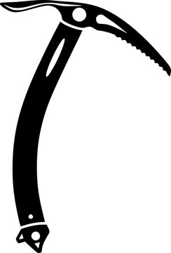 Black silhouette of modern technical ice axe head with curved shaft and serrated pick for mountaineering and ice climbing, flat vector icon design, isolated on white backgrounي