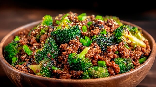 Fried minced meat with broccoli in sauce and sesame seeds in a wooden bowl