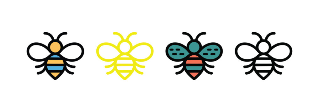 Collection of four stylized bee icons with wildlife illustration stylized
