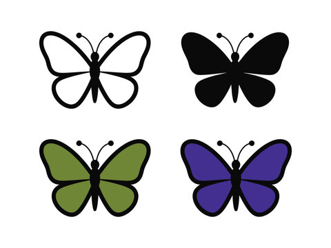Four butterfly icons: outline black silhouette green purple with butterfly