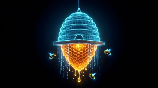 Glowing Digital Holographic Beehive with Honeycomb Pattern Flying Bees Dripping Honey Network Connection Data Hive Mind Technology Innovation Futuristic Visualization
