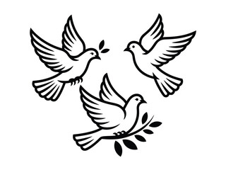 Fototapeta premium Three doves with olive branches graphic, symbol of peace and hope, branches