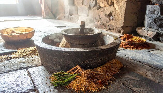 Heavy Basalt Grinding Stones and a Large Flat Mortar with Spilled Grain and Herbs in a Rustic Setting