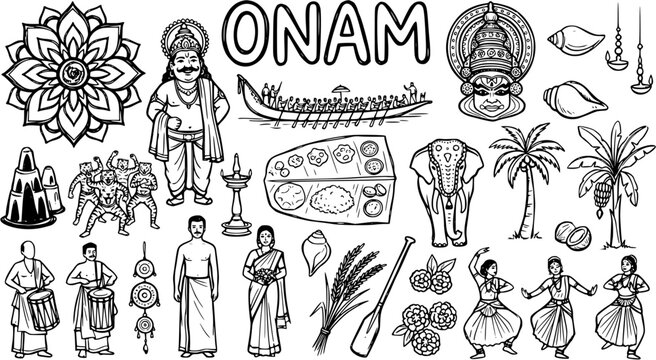 Onam Festival Vector Icons: Traditional Kerala Culture, Food, Dance, Boat Race, Elephants, Black and White Line Art