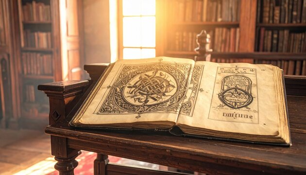 An ancient vellum codex open to an illuminated page with intricate Celtic knotwork script in a dimly lit library setting