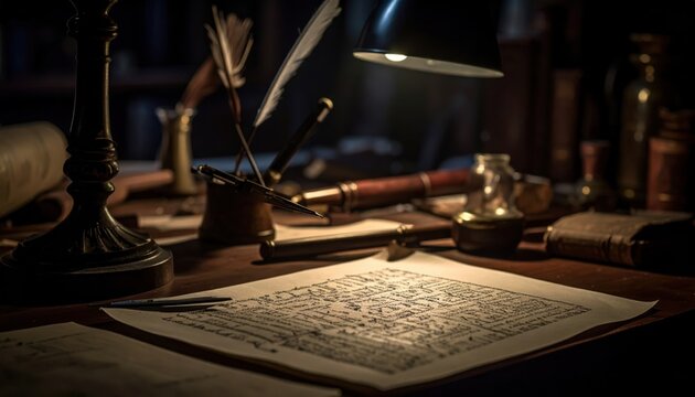 Close-up of an ancient Roman wax tablet stylus poised above a parchment scroll, bathed in soft lamplight.