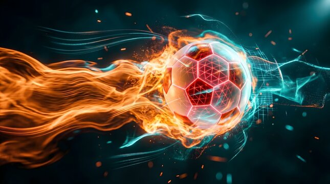 Soccer ball engulfed in intense fire and digital grid patterns leaving trail of burning light across dark atmosphere view.