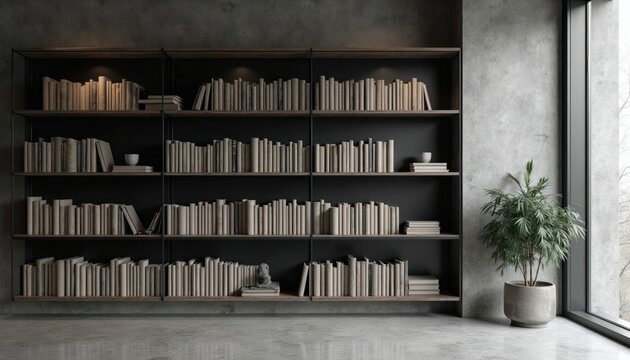 Minimalist modern interior features tall dark wood shelving units filled with numerous beige books. A large window lets in soft light onto a potted green plant and concrete floor.