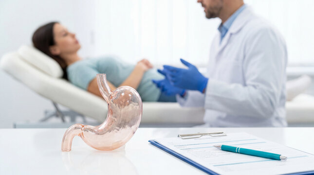 A doctor explains stomach health to a patient using a gastric anatomical model during a medical consultation