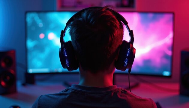 Young person wears headphones, looks at dual computer screens with colorful abstract art. Neon lights create gaming atmosphere. Person plays video game or works on computer at night.