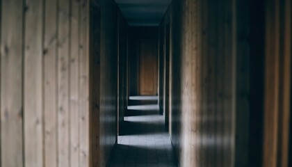 Fototapeta premium A long, narrow hallway with dark wood paneled walls, creating a sense of depth and mystery, with light filtering in from doorways at the end