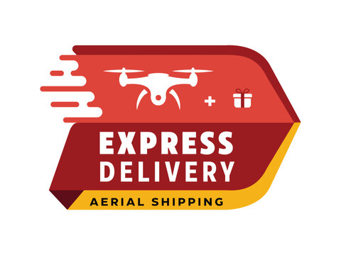 Express Delivery Aerial Shipping Label Vector Design with Drone and Gift Box Icon for Logistics