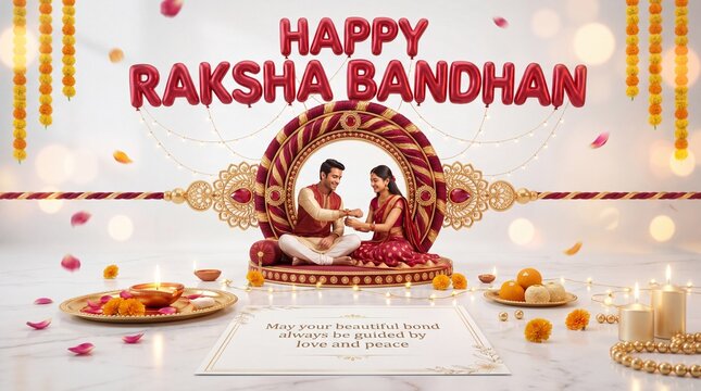 Happy raksha bandhan festive celebration with traditional indian siblings bonding rituals featuring elegant ethnic clothing and radiant warm cinematic golden lighting