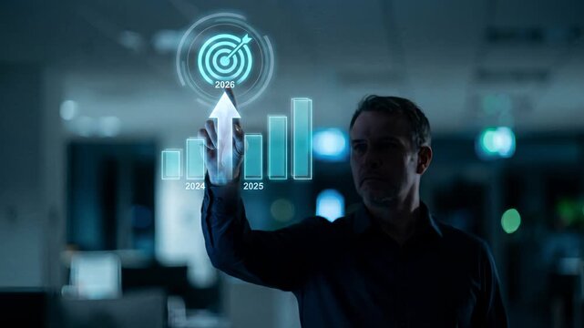 Holographic 2026 goal target with rising arrow and performance bar chart timeline presented by executive for business growth planning and annual strategy achievement