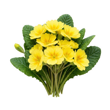 Bouquet of vibrant yellow primrose flowers isolated on transparent canvas
