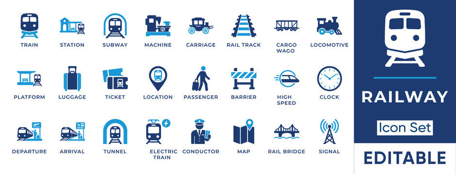 Railway and public transport solid icon set. Includes symbols for high speed train, subway station, and locomotive. Vector icons for transportation projects and digital presentations.